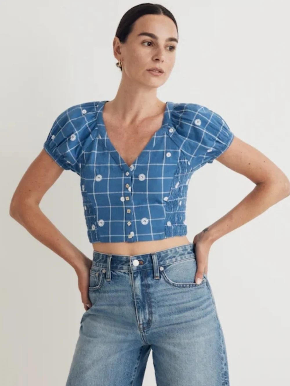 Madewell Embroidered Puff Sleeve Crop Top In Windowpane Blue Size 00